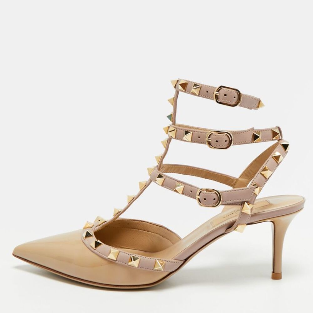 Valentino Rockstud Caged Size 38 Beige Leather And Patent Pumps